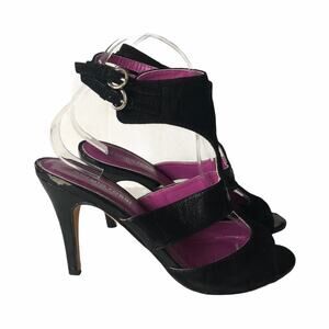 Sergio Rossi Strappy Cage Peep Toe Heel Suede Patent Leather 37 GUC